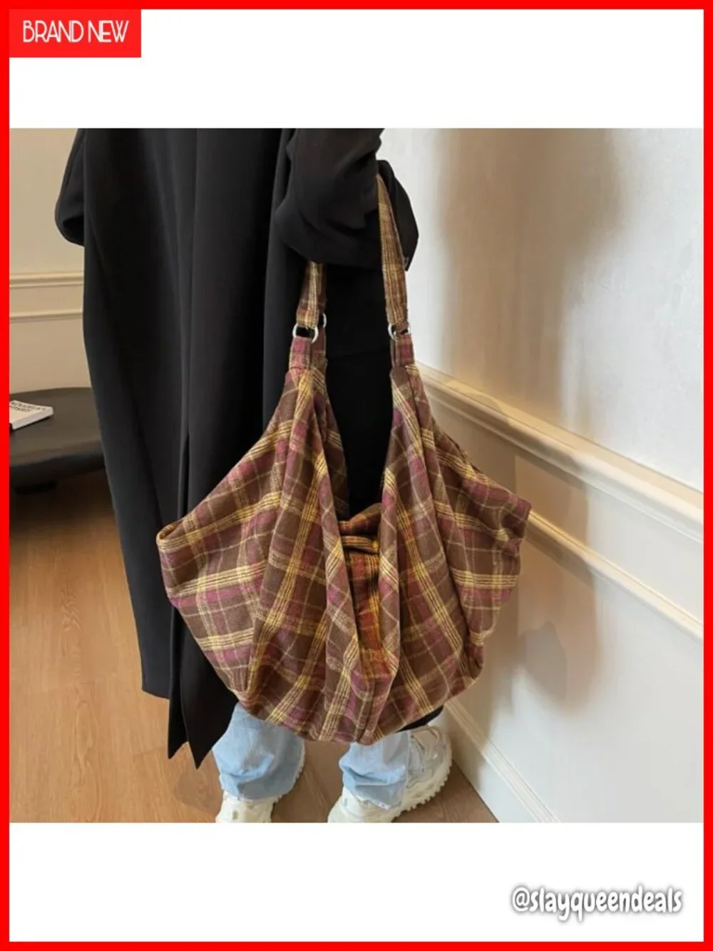 Plaid Canvas Slouchy Hobo Shoulder Bag for Women, Large Canvas Tote, Lightweight